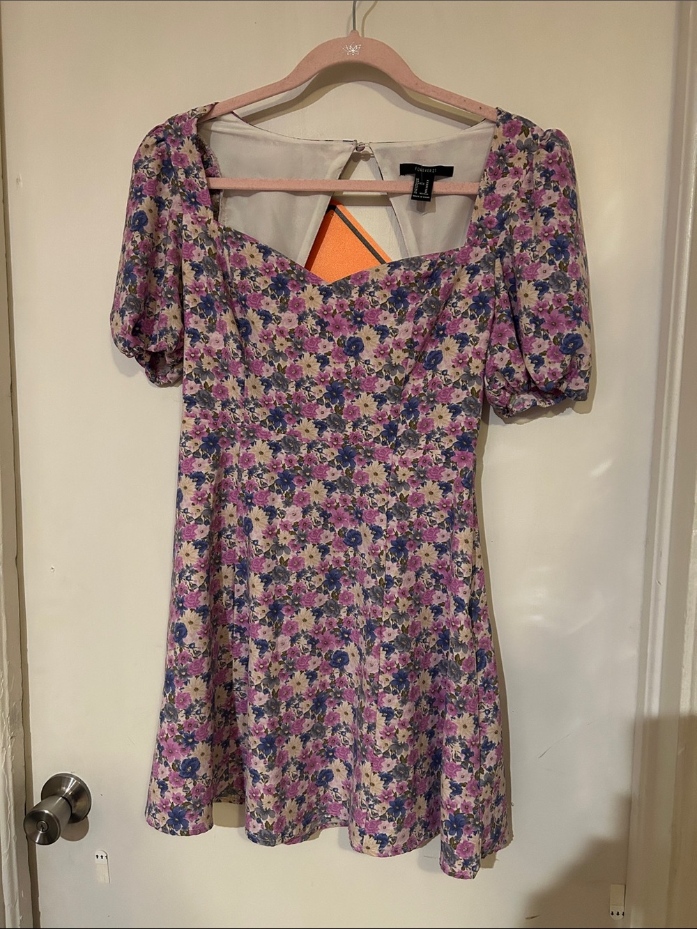 Forever 21 Purple Floral Puff Sleeve Mini Dress